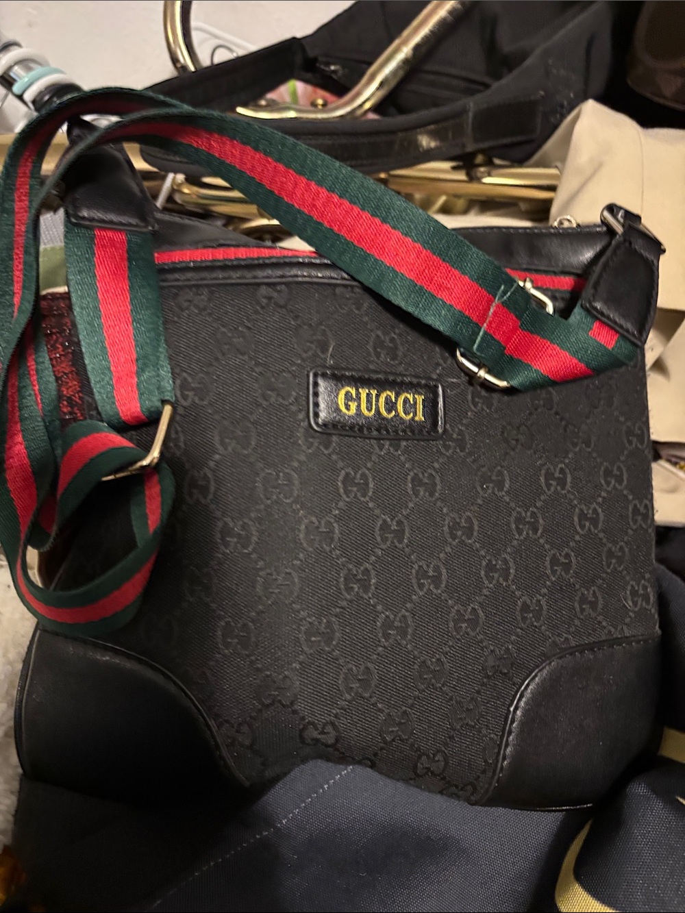 Gucci Black Shoulder Bag with Red & Green Web Strap - very nice and clean-
